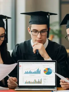 Recent graduates analyzing student loan repayment options on a laptop