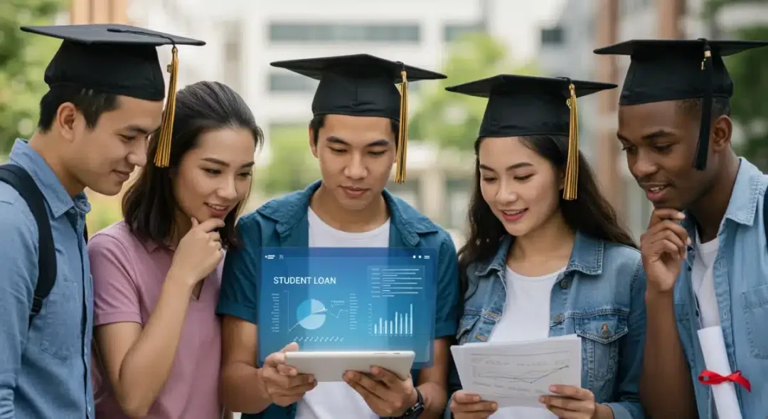 Students reviewing student loan forgiveness documents on a tablet