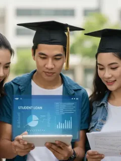 Students reviewing student loan forgiveness documents on a tablet