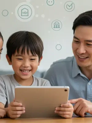 Happy family reviewing financial information on a tablet, symbolizing the benefits of the Child Tax Credit.