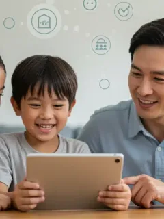 Happy family reviewing financial information on a tablet, symbolizing the benefits of the Child Tax Credit.