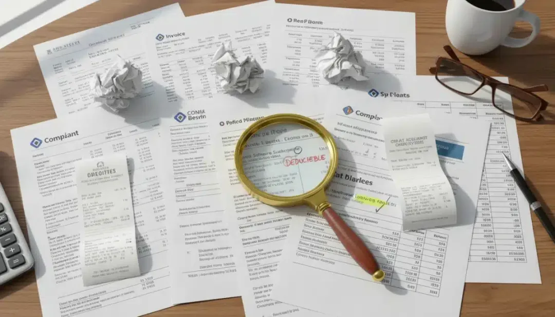 Financial documents and magnifying glass for deductible expenses.