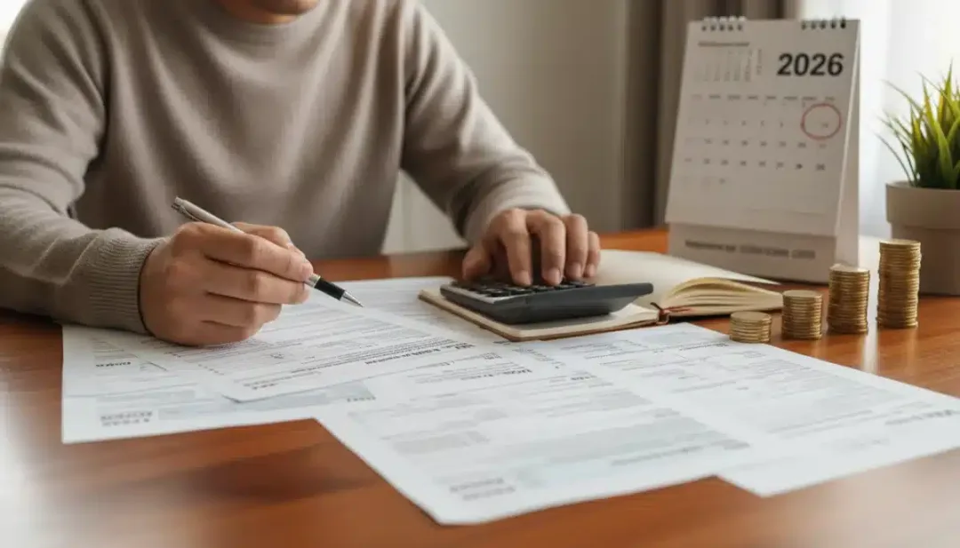 Person reviewing tax documents with calculator, symbolizing tax optimization for 2026.
