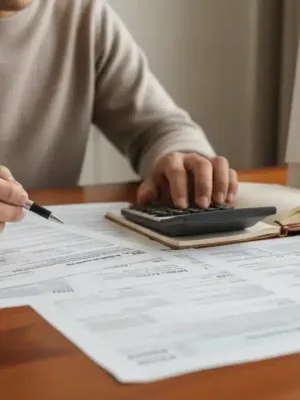 Person reviewing tax documents with calculator, symbolizing tax optimization for 2026.