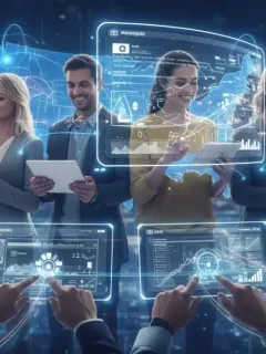 Futuristic financial interfaces displaying personal loan data and digital transactions.