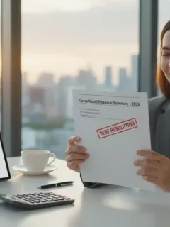 Relieved person consolidating credit card debt in 2026, showing financial freedom.