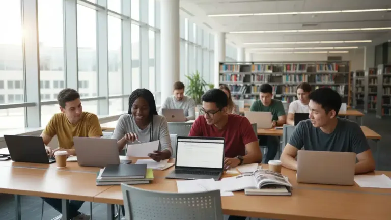 Students diligently working on scholarship applications for 2026 in a university library.