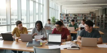 Students diligently working on scholarship applications for 2026 in a university library.