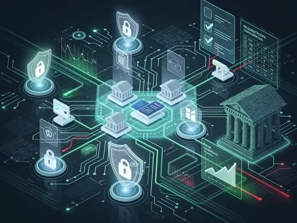 Digital network representing financial technology and regulatory data streams.