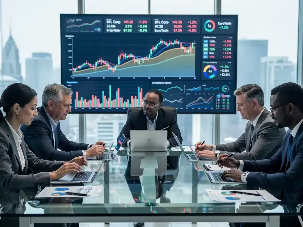 Investors analyzing financial reports amidst market data and regulatory changes.
