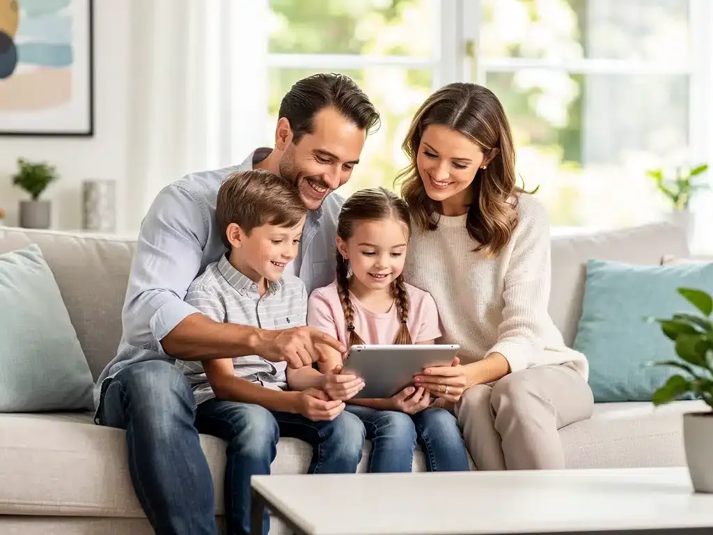 Family reviewing financial documents on a tablet, symbolizing the 2026 Child Tax Credit benefits.