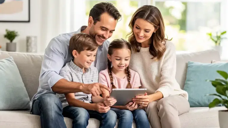 Family reviewing financial documents on a tablet, symbolizing the 2026 Child Tax Credit benefits.