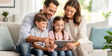 Family reviewing financial documents on a tablet, symbolizing the 2026 Child Tax Credit benefits.