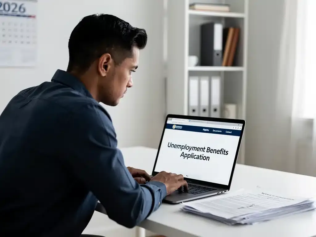 Person researching unemployment benefits on laptop for 2026