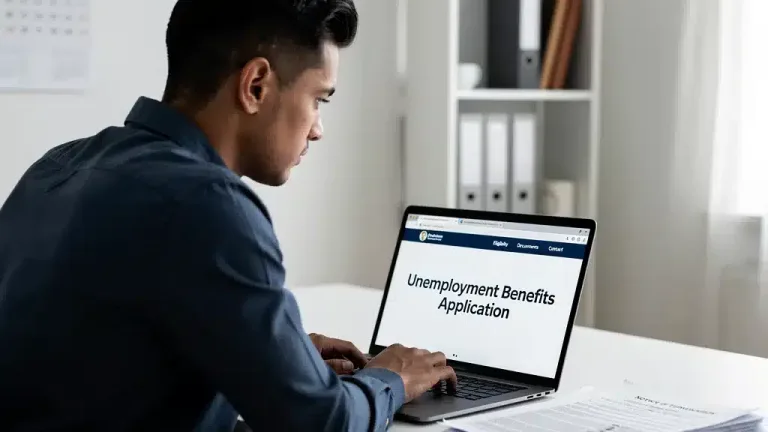 Person researching unemployment benefits on laptop for 2026