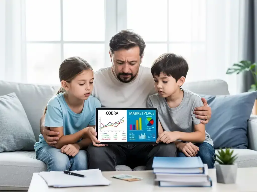 Family comparing COBRA and Marketplace healthcare costs on a tablet for 2026.