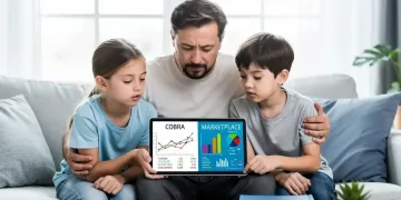 Family comparing COBRA and Marketplace healthcare costs on a tablet for 2026.