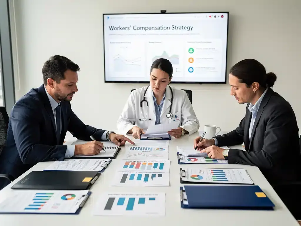 Team of experts collaborating on a workers' compensation case.