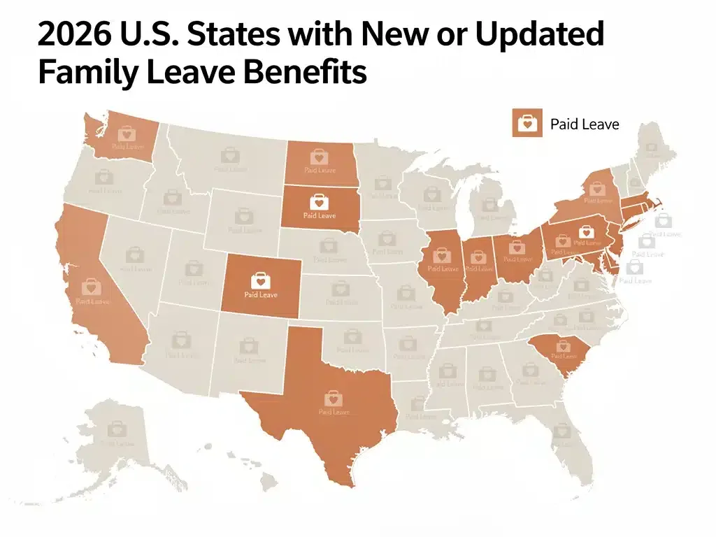 Map highlighting 11 US states with enhanced State-Specific Family Leave Benefits for 2026.