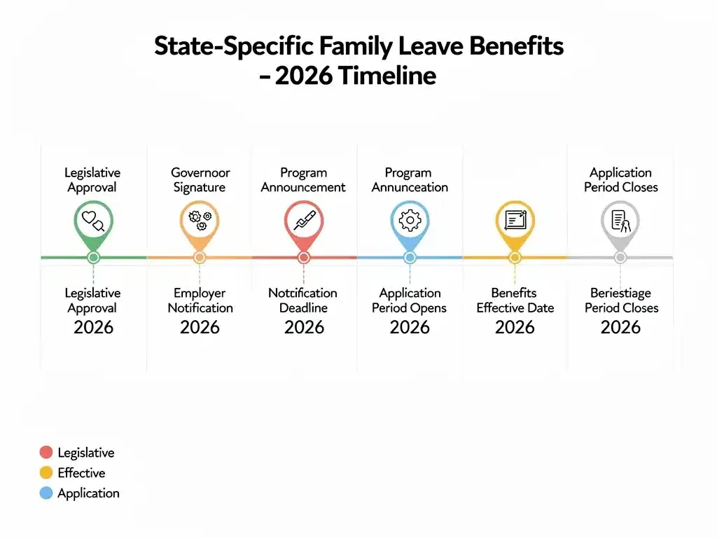 Timeline illustrating implementation phases and key dates for 2026 State-Specific Family Leave Benefits.
