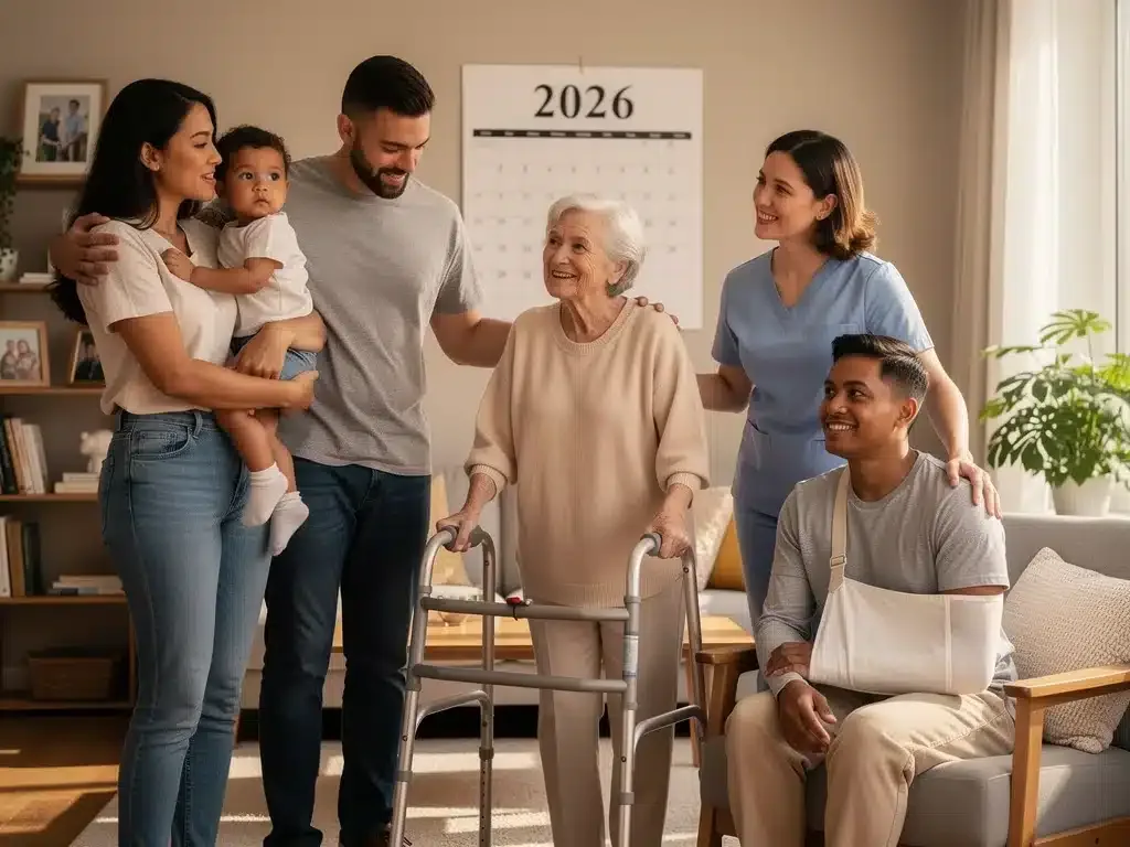 Illustration of diverse families and caregivers benefiting from state family leave policies in 2026.