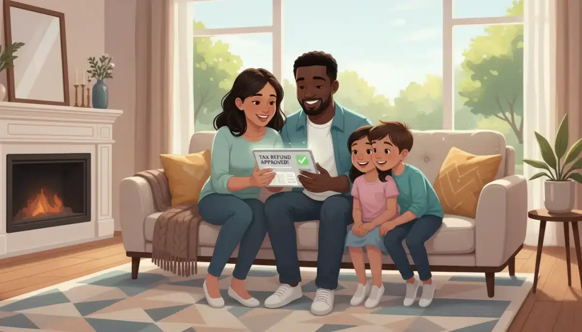 Diverse family happily reviewing finances on a tablet, representing EITC benefits.