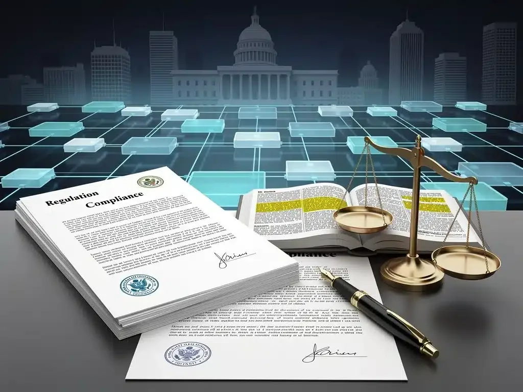 Regulatory documents overlapping a blockchain network, signifying legal impacts on crypto.