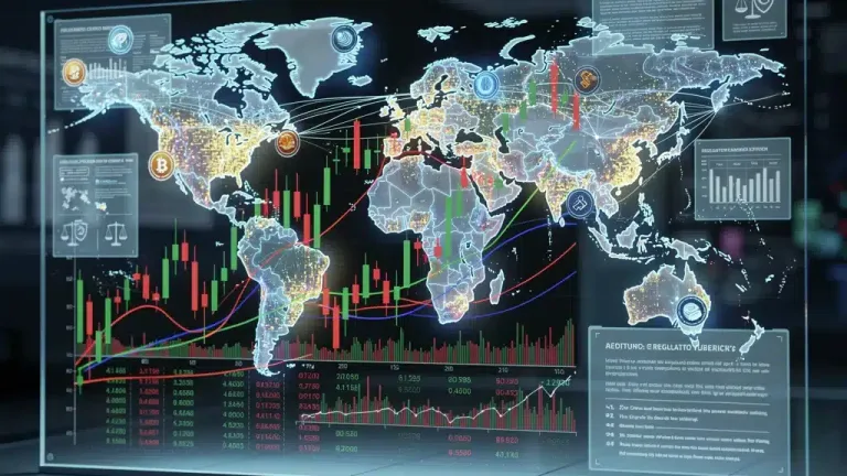 Digital currency interface with volatile graphs and global network connections, symbolizing future regulations and market shifts.