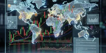 Digital currency interface with volatile graphs and global network connections, symbolizing future regulations and market shifts.