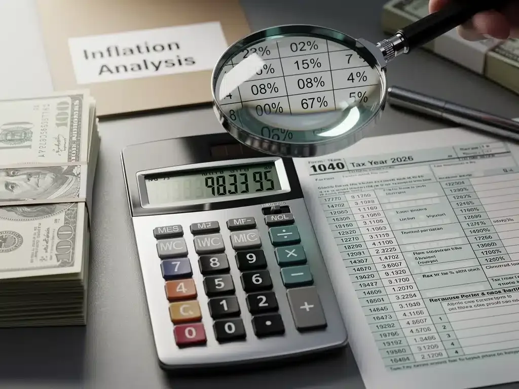 Financial documents and calculator representing 2026 tax bracket inflation adjustments