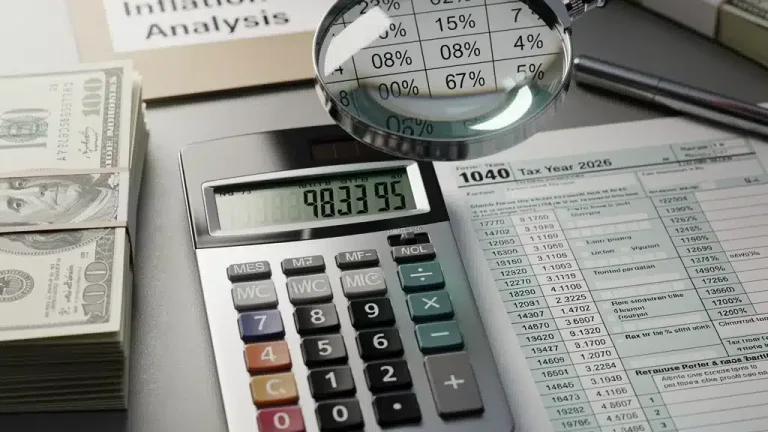 Financial documents and calculator representing 2026 tax bracket inflation adjustments
