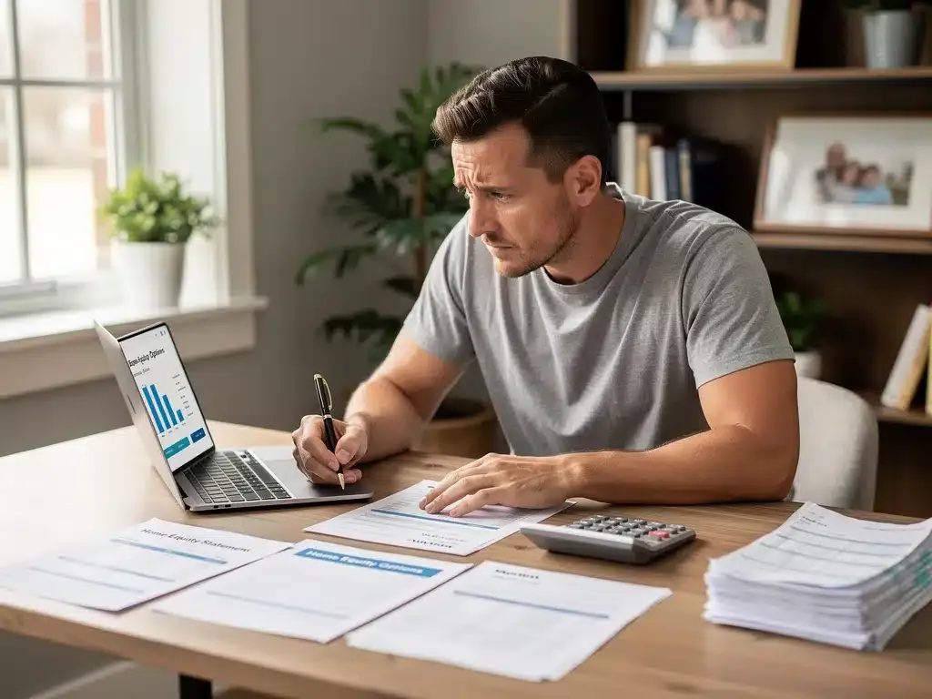 Homeowner reviewing HELOC documents and financial plans