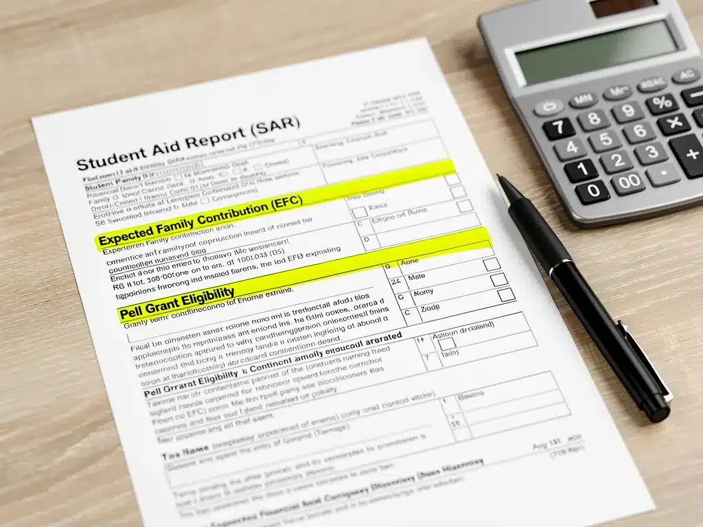 Detailed view of a Student Aid Report (SAR) document with highlighted sections