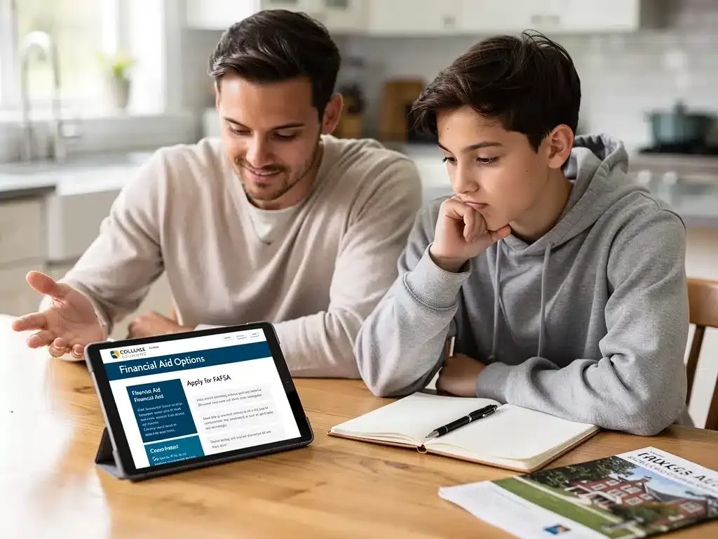Parent and student discussing financial aid information on a tablet