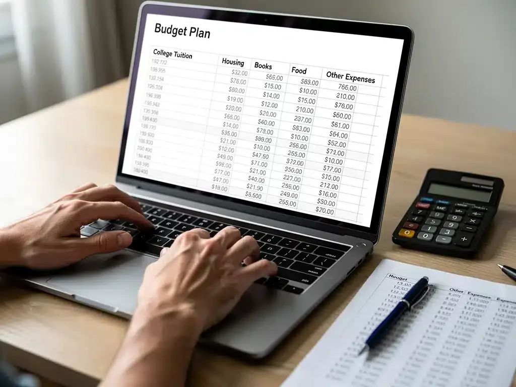 Student creating a detailed budget plan for college expenses on a laptop.
