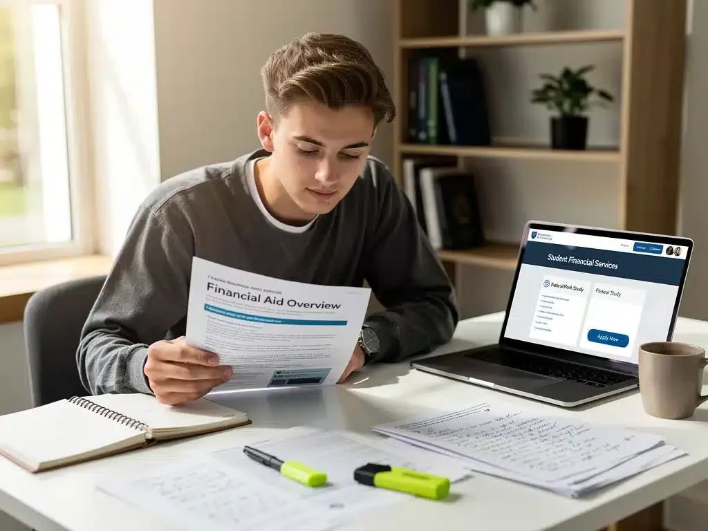 Student reviewing Federal Work-Study financial aid documents and online portal.