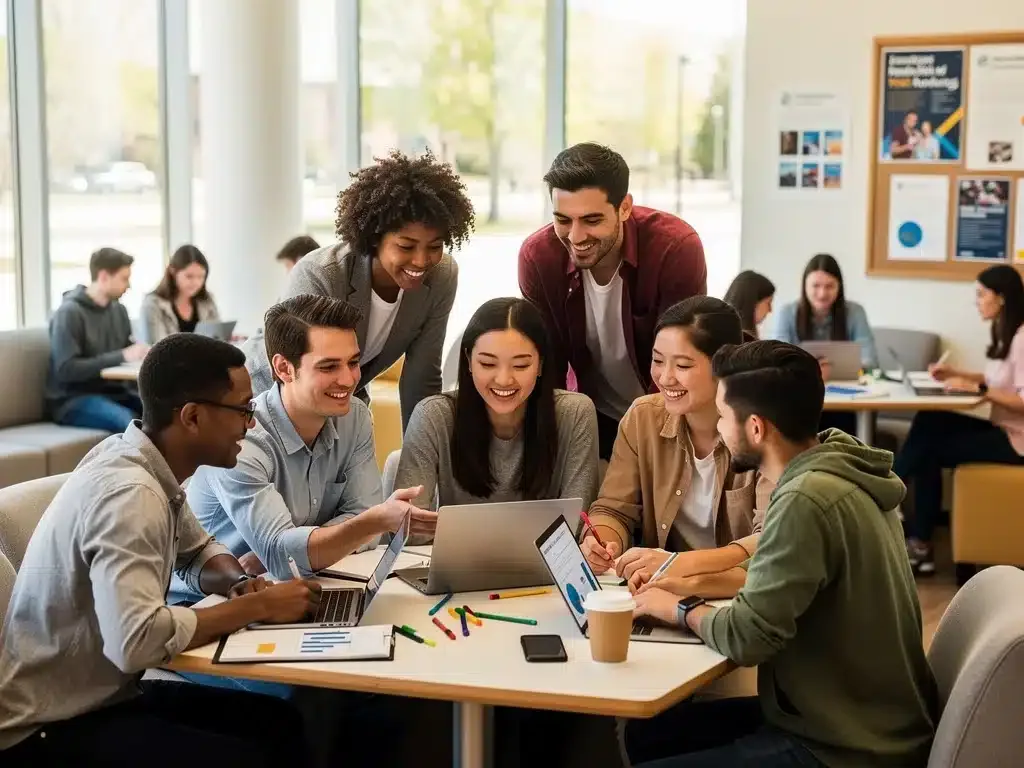 Diverse students collaborating on a project, showcasing community and networking in work-study.