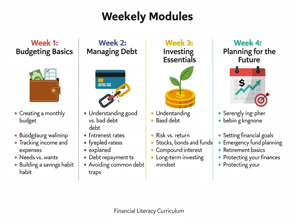 Infographic detailing a 4-week financial literacy curriculum for college students