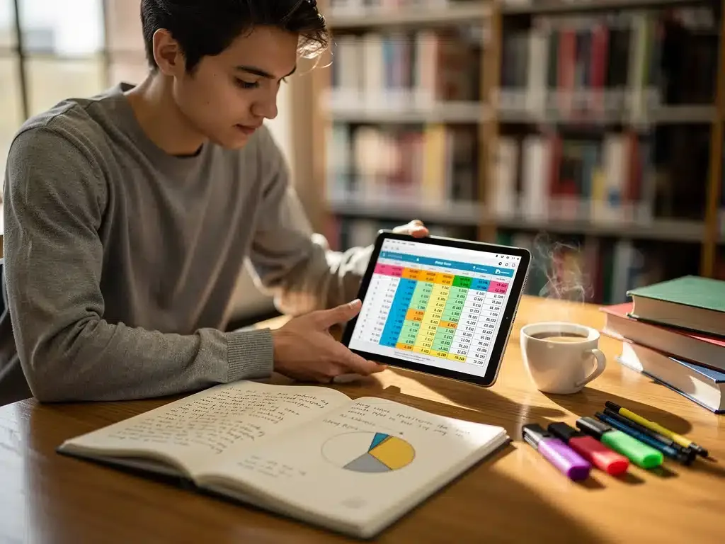 College student reviewing budget spreadsheet on tablet