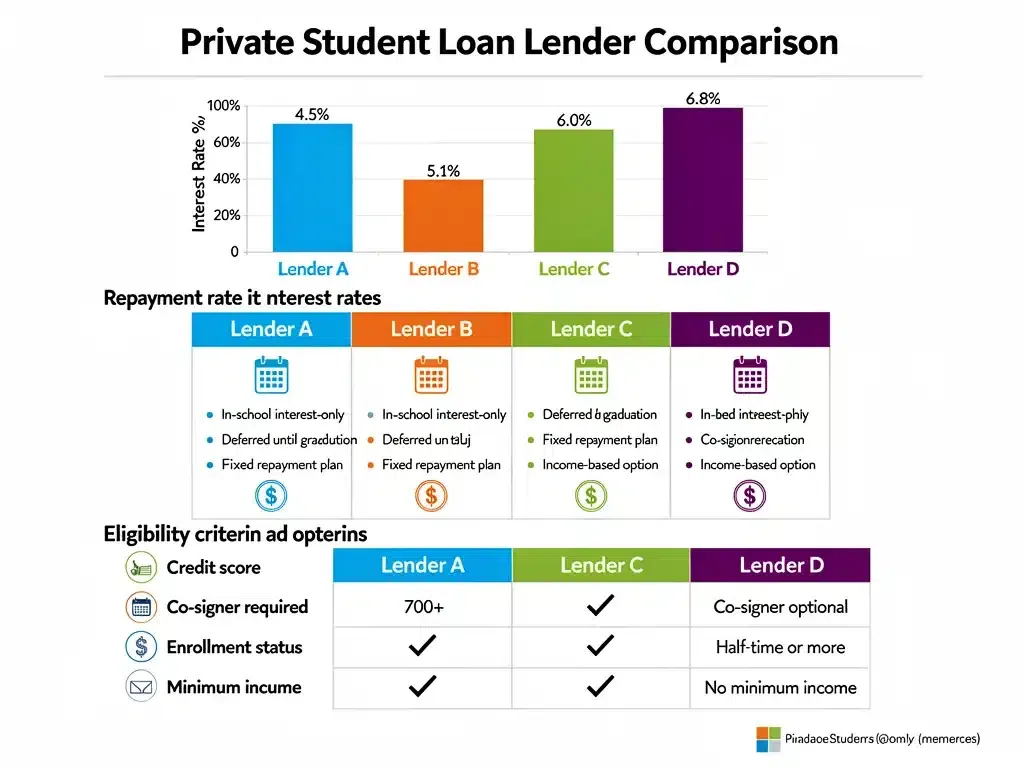 Infographic comparing interest rates and repayment options for private student loan lenders in 2026.