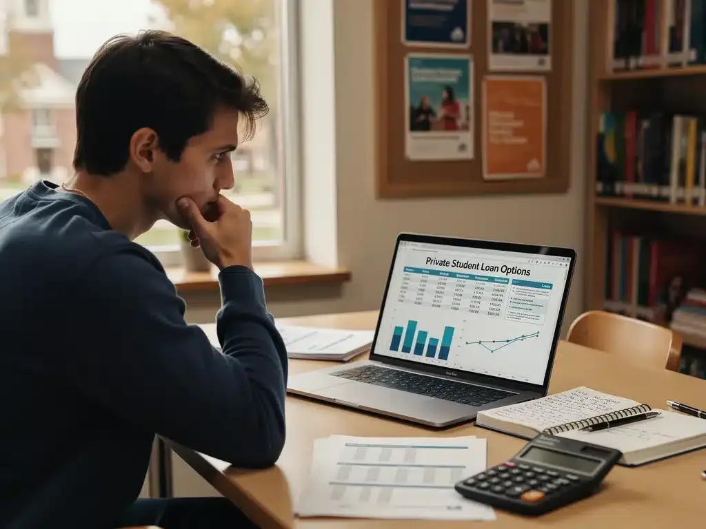Student evaluating private student loan documents and financial terms on a laptop, emphasizing informed choices.