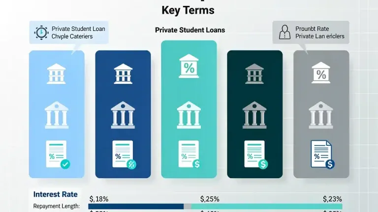 Educational comparison graphic for private student loans in 2026, showing diverse lenders and loan terms.