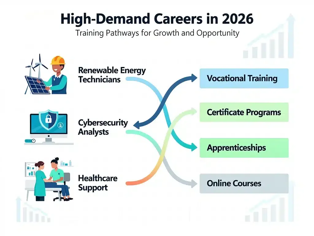Infographic showing high-demand job sectors and vocational training pathways for 2026.