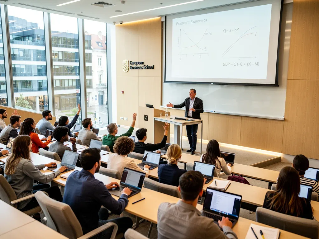 International students in a European business school economics lecture