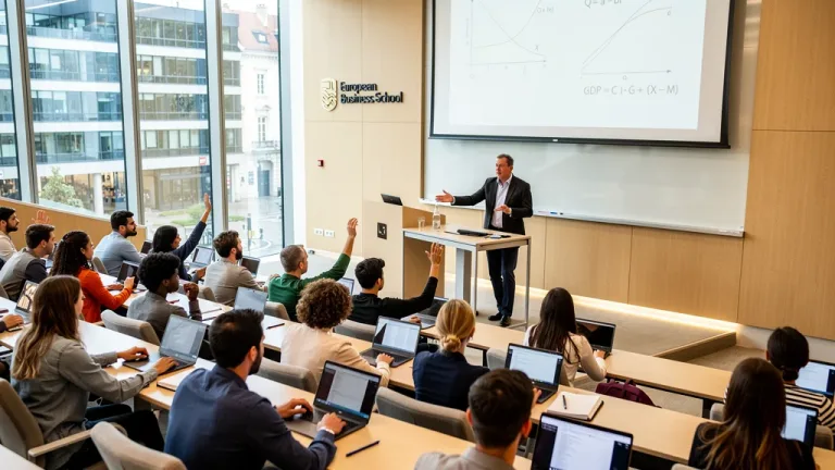International students in a European business school economics lecture