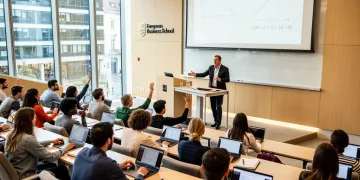 International students in a European business school economics lecture