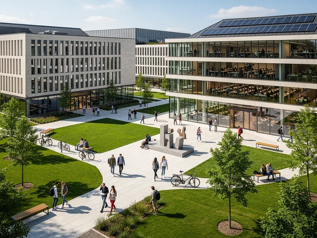 Modern European university campus with students walking