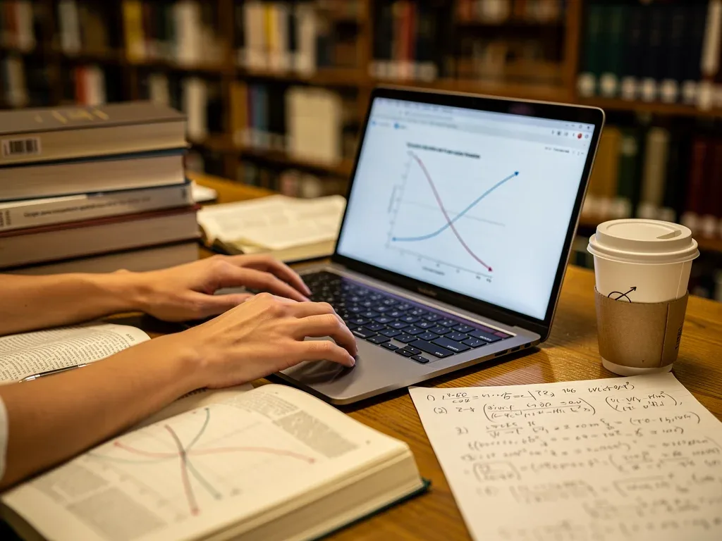 Student studying economics with laptop and textbooks in library