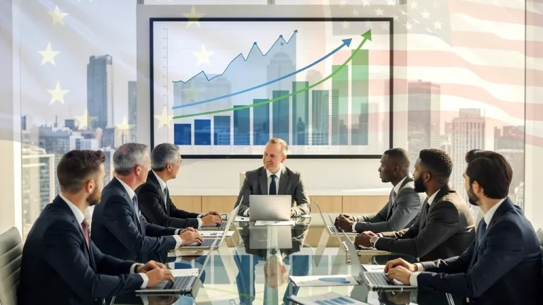 Professionals analyzing financial data for US and European equity allocation.