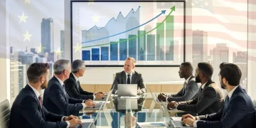 Professionals analyzing financial data for US and European equity allocation.